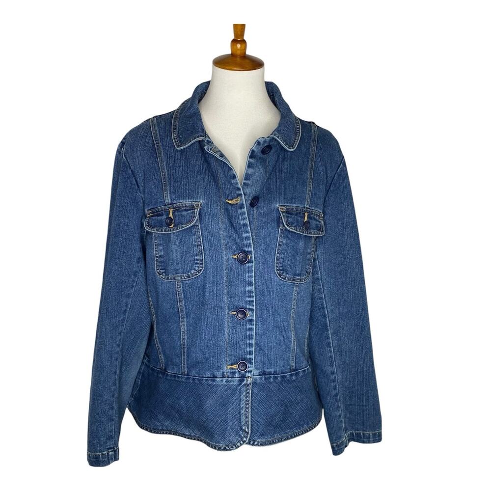St John's Bay Denim Jacket Womens XL Blue Stretch Fitted Peplum Blazer Preppy